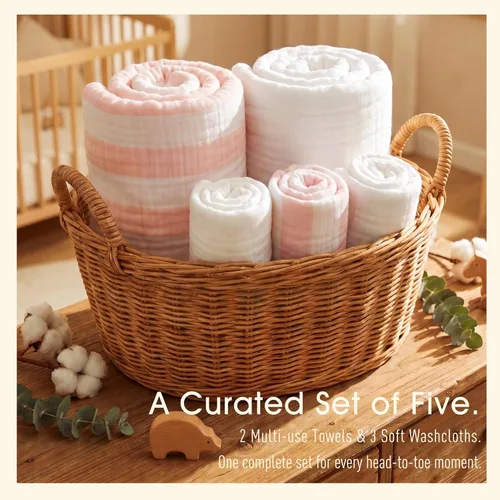 Miniatura 5 de Juego de 5 toallas de muselina para bebé, 100% algodón orgánico, suave y absorbente para recién nacidos a niños pequeños, regalo de regalo de bebé