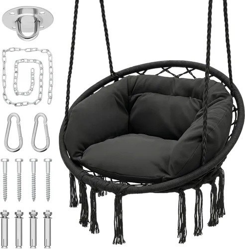 Miniatura 12 de Monibloom Silla hamaca colgante, silla columpio de macramé con cojín, capacidad de 350 libras para adultos y adolescentes, para porche al aire Beige