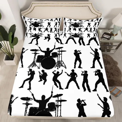 Miniatura 22 de Erosebridal Juego de sábanas de tamaño individual con temática musical, con estampado de notas musicales, juego de cama ajustable en blanco y negro