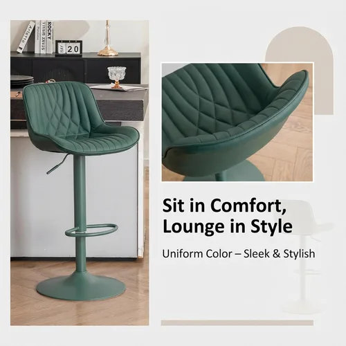 Miniatura 7 de YOUTASTE Juego de 2 taburetes de bar de piel sintética, todos los taburetes de bar tapizados de color verde oscuro con respaldo, silla giratoria