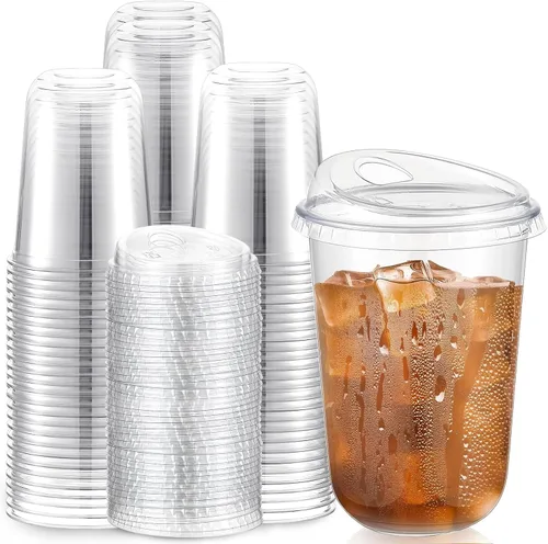 Miniatura 15 de Baderke 100 Vasos de Plástico con Tapas para Sorber Fondo Redondo Vasos de Café de Plástico Desechables con Tapas Tazas de Cristal Transparentes sin