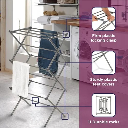 Miniatura 3 de BLACK+DECKER Tendedero de ropa de 3 niveles, plegable y expandible, para secar ropa al aire, ahorro de espacio, resistente y liviano, de metal Plata