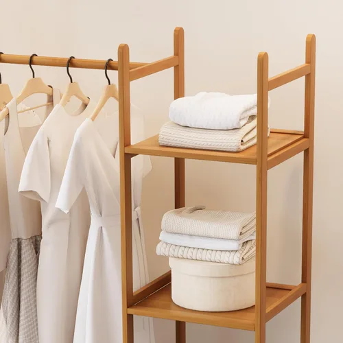 Miniatura 6 de Perchero de Ropa de Bambú, Perchero con Cajones y Estantes, Estantes de Almacenamiento de 5 Niveles con 6 Ganchos para Colgar, Armario Closet