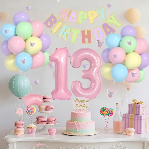 Miniatura 7 de 13th Birthday Decorations For Girls -12 Inch Pastel Balloons, 32 Inch Pink 13 Balloon, 3D Butterflies Stickers, Happy Birthday Banner For Teen Girl