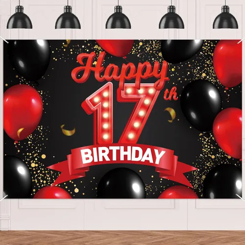 Miniatura 20 de Cartel de feliz cumpleaños 15 color rojo y negro, decoración temática de globos para niñas y mujeres, princesas de 15 años, fiesta de cumpleaños