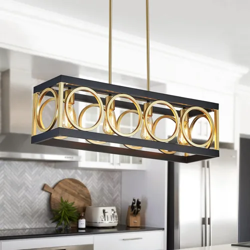 XINGQI Lámpara de araña rectangular moderna, iluminación de isla de cocina de granja, accesorio de luz colgante industrial rústico de 4 luces,