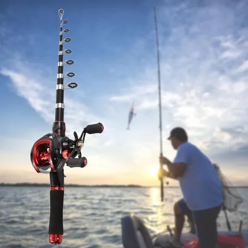 Miniatura 7 de LIXADA Combo de caña de pescar y carrete con señuelos de pesca para adultos, caña de pescar telescópica de 6.89 pies con carrete de cebo 18+1BB mano