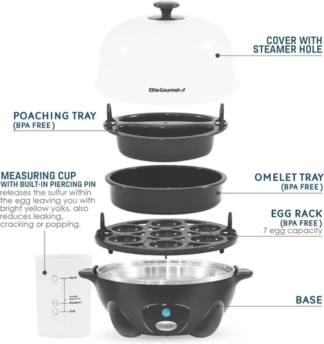 Miniatura 2 de Elite Gourmet EGC710DKG Cocedor Rápido de Huevos, 7 Huevos Hervidos Fáciles de Pelar, Duros, Medianos, Suaves, Escalfador, Máquina para Omelettes