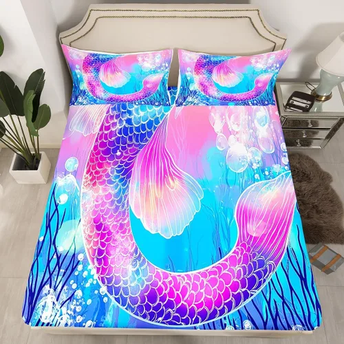 Miniatura 8 de Erosebridal Sábana bajera ajustable con diseño de delfín, diseño de playa oceánica, tamaño individual para niños, niñas, adolescentes, juego de ropa