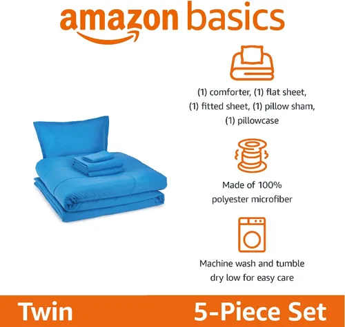 Miniatura 2 de Amazon Basics Juego de ropa de cama de microfibra de 5 piezas Bed-in-a-Bag para niños, individual, azul, sólido