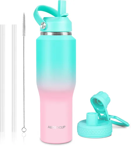 Miniatura 29 de ABOTOCUP Botella de agua de 40 onzas, botella de agua aislada con asa y tapas con popote, botella de agua de acero inoxidable que cabe en cualquier