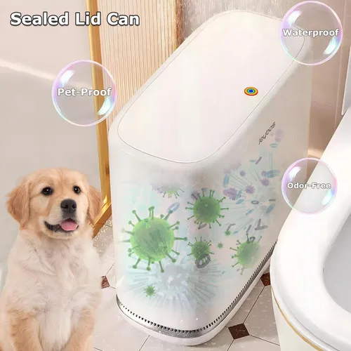 Miniatura 3 de O-MART Basurero de baño con tapa, delgado de 3.2 galones, cesta de basura superior de prensa estrecha para control de olores y a prueba de perros