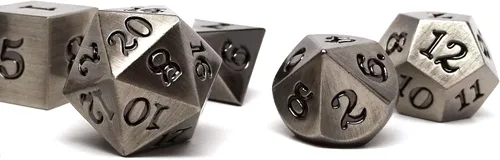 Miniatura 2 de Juego de dados de metal legendario de 7 piezas, diseños de bronce, oro, plata y cobre con fuente de firma (plata legendaria)