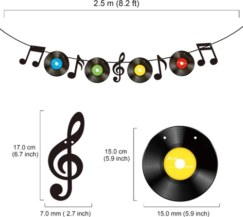 Miniatura 2 de Notas musicales y discos de vinilo preencordados para fiestas, notas musicales, banderines de papel de cumpleaños, decoraciones de fiesta, carteles