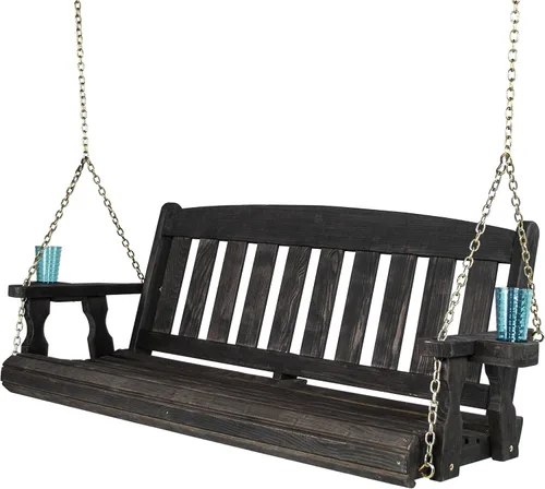 Amish Casual Columpio de porche con tratamiento de misión de 800 libras con cadenas colgantes y portavasos (5 pies, mancha negra semisólida)