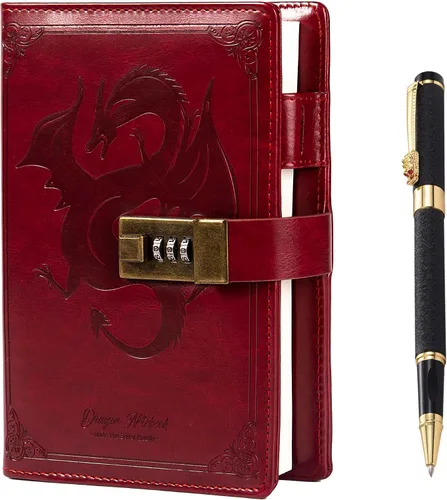 Miniatura 18 de TIEFOSSI Diario de Cuero Dragón, Cuaderno de Tapa Dura, Diario Recargable con Cerradura, Cuadernos de Escritura con Papel Rayado/En Blanco