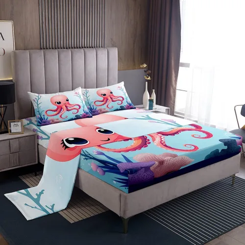 Miniatura 20 de Erosebridal Juego de sábanas de ballena náutica, tamaño individual, juego de ropa de cama vintage azul con ondas oceánicas para niños y niñas