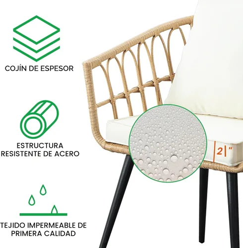 Miniatura 3 de PORWEY Juego de 3 piezas de muebles de mimbre para patio, balcón, mesa y sillas de ratán para porche, patio trasero, césped, cubierta junto a
