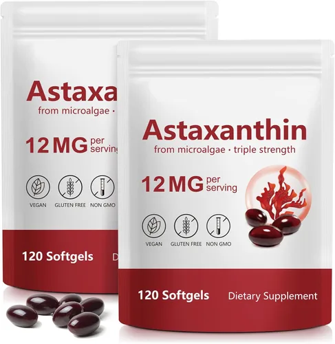 Miniatura 8 de Suplementos de Astaxantina 12 mg - 120 cápsulas blandas Antioxidante natural premium de microalgas Apoyo para la salud de los ojos, la piel