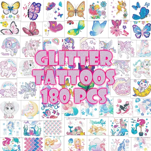 Tatuajes de unicornio de sirena con purpurina para niñas, 180 tatuajes de mariposa individualmente con purpurina temporal para niños, diseño