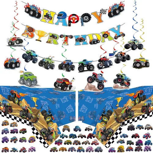 Decoraciones de cumpleaños de Monster Truck incluyen 2 manteles, pancarta de cumpleaños, remolinos colgantes, calcomanías y guirnalda (Monstertruck)
