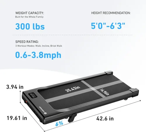 Miniatura 7 de DeerRun Caminadora para debajo del escritorio con 6% de inclinación manual, velocidad de marcha de 0.6-3.8 MPH, 2.5 HP, capacidad de 300 libras