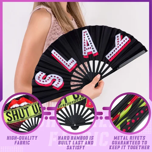 Miniatura 5 de FairySandy 6 abanicos grandes de bambú para rave, grandes abanicos plegables de mano con rave icónico adiós chino para mujeres y hombres, línea