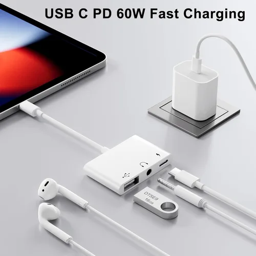 Miniatura 3 de INVERSE NET USB C a 3.5mm Adaptador de Audio OTG, Adaptador USB-C a USB 3en1 con Conector de Auriculares de 3.5mm y Carga Rápida PD de 60W