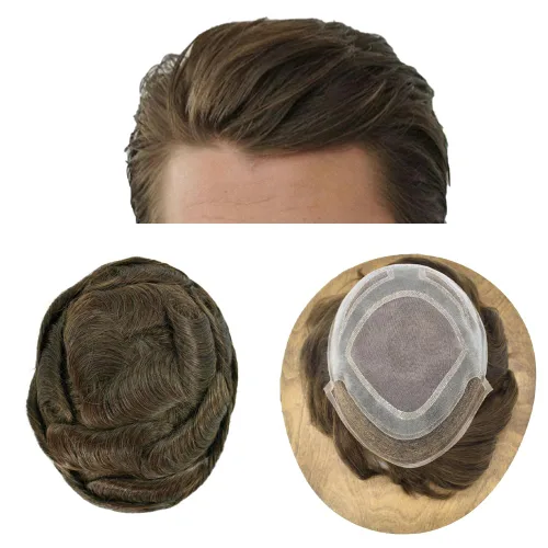 Miniatura 31 de Sistema de repuesto de piezas de cabello humano tipo tupé para hombre, transpirable, encaje francés, peluca para hombre, peluca de piel de #1B Negro