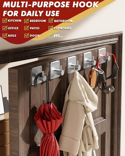 Miniatura 6 de Ganchos adhesivos resistentes de 30 lb (máx) de capacidad, juego de 5 ganchos de pared de acero inoxidable sin daños para colgar abrigos, sombreros