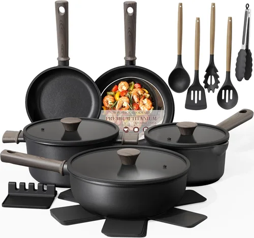 Astercook - Juego de ollas y sartenes antiadherentes, juego de utensilios de cocina de inducción de titanio saludables y libres de tóxicos para
