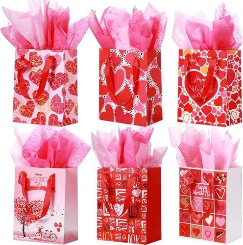 TaoBary 12 bolsas de regalo de San Valentín con papel de seda y etiquetas en forma de corazón, bolsas pequeñas de papel de San Valentín para regalos