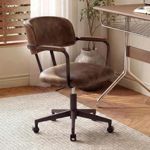 Miniatura 9 de Silla de escritorio moderna de mediados de siglo con diseño de madera curvada de nogal, silla retro de oficina en casa con altura ajustable, giro