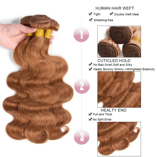 Miniatura 3 de Color 30 paquetes de cabello humano marrón onda del cuerpo paquetes 8 10 12 pulgadas brasileño virgen Remy extensiones de cabello humano doble trama