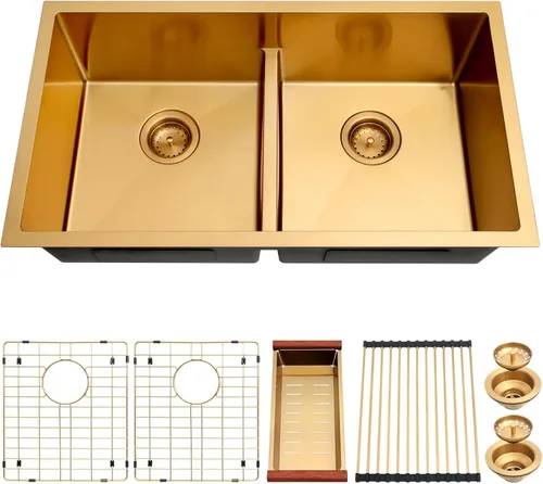 Miniatura 2 de Fregadero de Cocina Dorado Bajo Encimera 32 X 18 Pulgadas, Fregaderos de Cocina de Doble Tazón, Fregadero Bajo Encimera de Acero Inoxidable Calibre