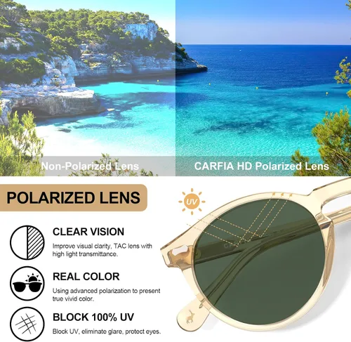 Miniatura 81 de CARFIA Gafas de sol polarizadas de acetato redondo para mujer, protección UV de cara pequeña con funda de cuero CA5288