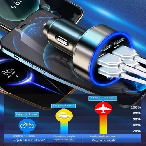 Miniatura 4 de Adaptador De Carga Súper Rápida USB C Para Coche Y Teléfono 6 En 1 Con Pantalla De Voltaje 250W Carga USB De Encendedor De Cigarrillos De Múltiples