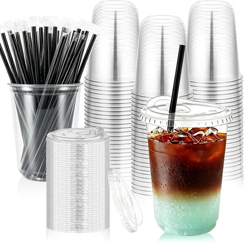 Juego de 100 vasos de plástico transparente de 16 onzas con tapas para sorbos y popotes, tazas de café helado desechables con tapas para bebidas