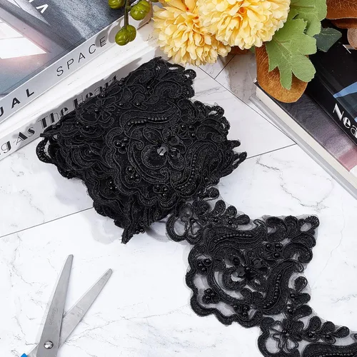 Miniatura 4 de GORGECRAFT 3 yardas y 5 pulgadas de encaje negro Venecia bordado inelástico bordado festoneado cinta de flores bordadas de cuentas patrón de ondas