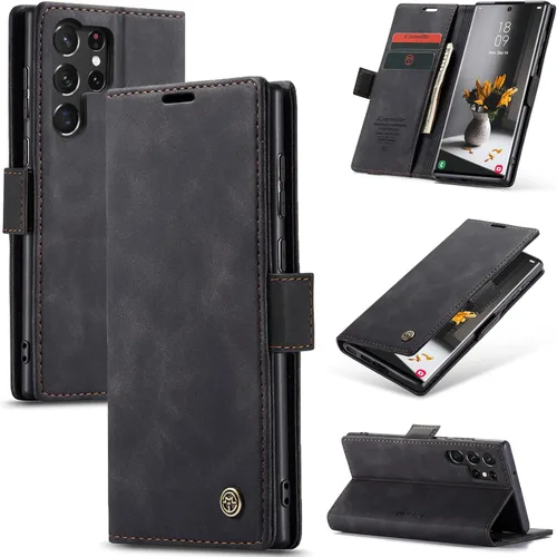 UEEBAI Funda tipo cartera para Samsung Galaxy S22 Ultra 5G, funda de piel sintética de alta calidad, estilo vintage, mate, con tapa para tarjetas,