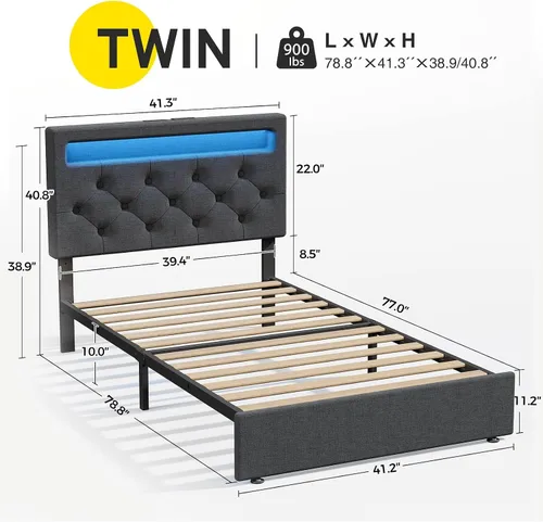 Miniatura 2 de Rolanstar Base de cama individual con estación de carga, cama LED con almacenamiento debajo de la cama, cabecera ajustable de 38.9/40.8 pulgadas,