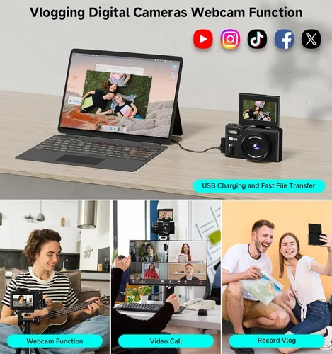 Miniatura 6 de Cámara digital, cámara de viaje UHD 5K de 80MP, cámaras compactas con zoom 18X, cámara de vlogging para YouTube con pantalla abatible de 3" 180°