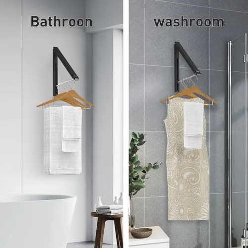 Miniatura 5 de Perchero de Ropa Montado en la Pared para la Lavandería Organizador de Almacenamiento en Aluminio para la Casa, Ahorrador de Espacio, Negro Negro 2