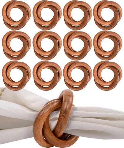 Miniatura 12 de Juego de 12 Servilleteros de Madera de Tres Anillos - Abrazaderas Portaservilletas para Decoración de Mesa de Comedor - Anillos Rústicos Modernos