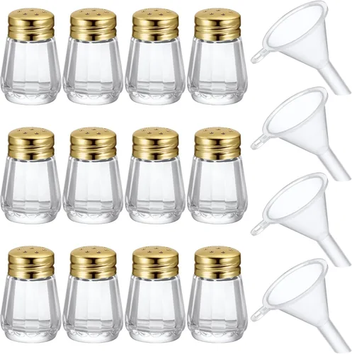 Miniatura 15 de Potchen 12 piezas saleros y pimenteros mini en forma de cubo a granel de 0.5 onzas pequeños de vidrio para especias con mini embudos de plástico