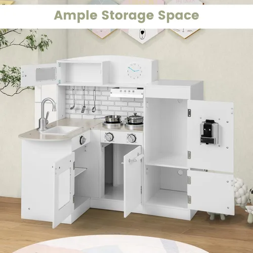 Miniatura 8 de Costzon Juego de cocina esquinera para niños, juego de cocina de madera 8 en 1 con microondas realista, horno, estufa, refrigerador, campana