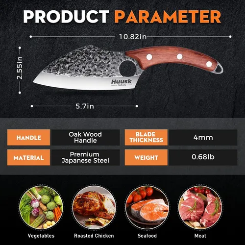 Miniatura 5 de Huusk Cuchillo de Carnicero Forjado a Mano - Cuchillo de Carnicero para Cortar Carne, Cuchillo Vikingo de Cocina Japonés con Funda, Cuchillos