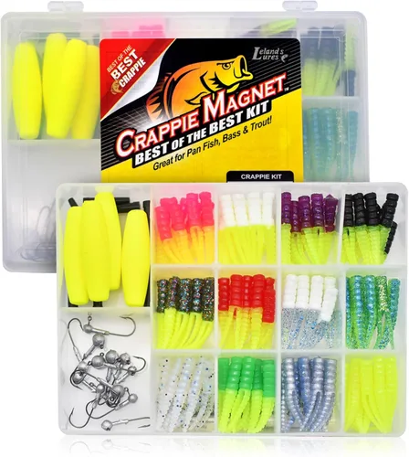 Leland's Lures Crappie Magnet Best of the Best Kit, equipo y accesorios de pesca, señuelos de pesca, 96 cuerpos, 15 cabezas de jig de doble cruz, 4