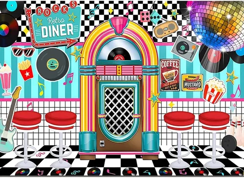 Miniatura 7 de Fondo de fiesta retro de los años 50 de 7 x 5 pies, decoración de Rock and Roll Sock Hop de los años 50, fondo de fotografía, accesorios para cabina