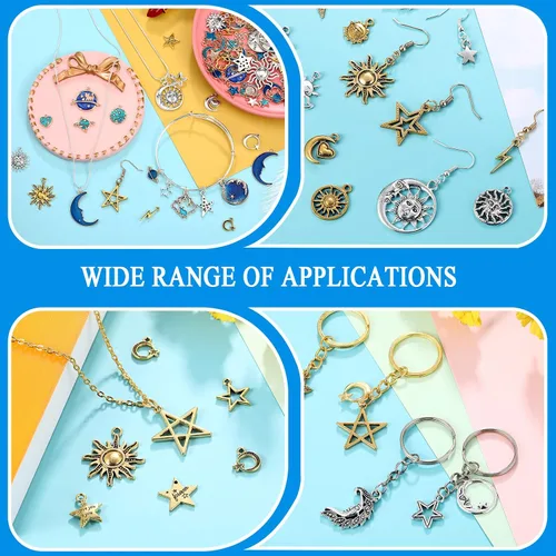 Miniatura 5 de Hicarer 160 piezas dijes para pulseras, dijes mixtos de sol, estrella y luna antiguos, dijes de esmalte plateado celestial para hacer joyas